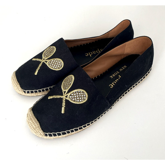 Kate Spade Doubles Tennis Racket Embroidered Canvas Espadrille Flat Black Gold 9 - Picture 4 of 8
